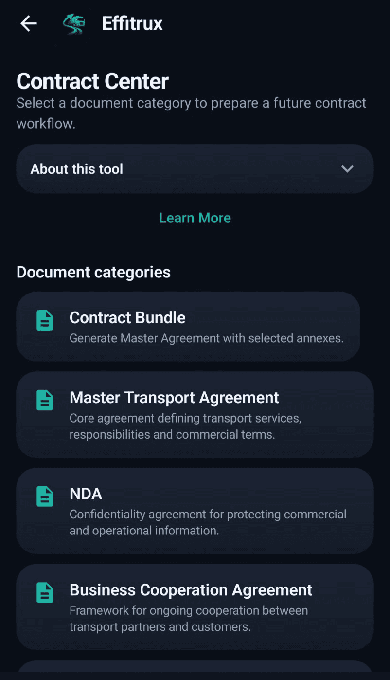 Effitrux Contract Center with transport agreement and document categories