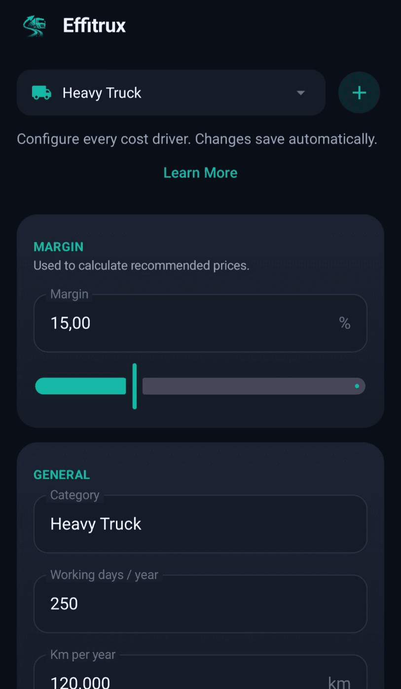Effitrux Cost Parameters screen for configuring transport operating costs and target margin