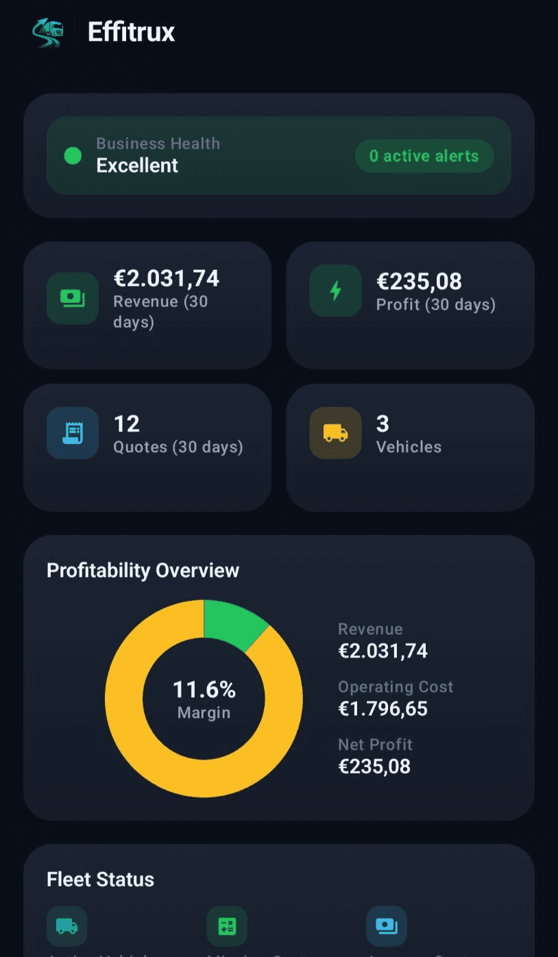 Effitrux dashboard with business health, revenue, profit and profitability overview