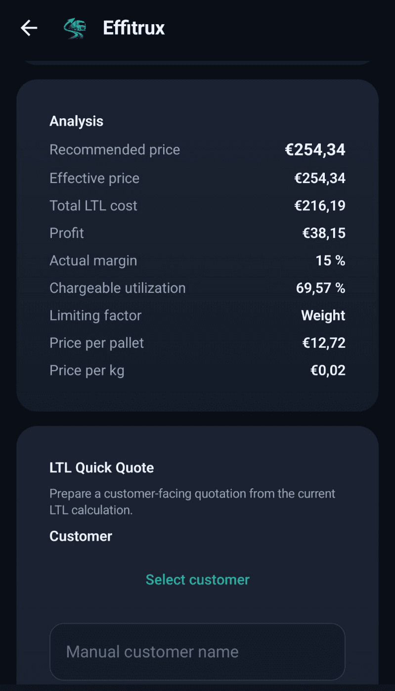 Effitrux LTL analysis showing recommended price, cost, profit, margin and utilization
