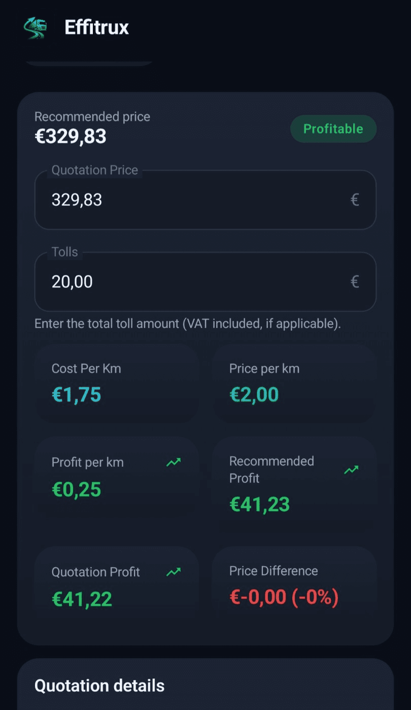 Effitrux Quick Quote showing recommended transport price and profit analysis
